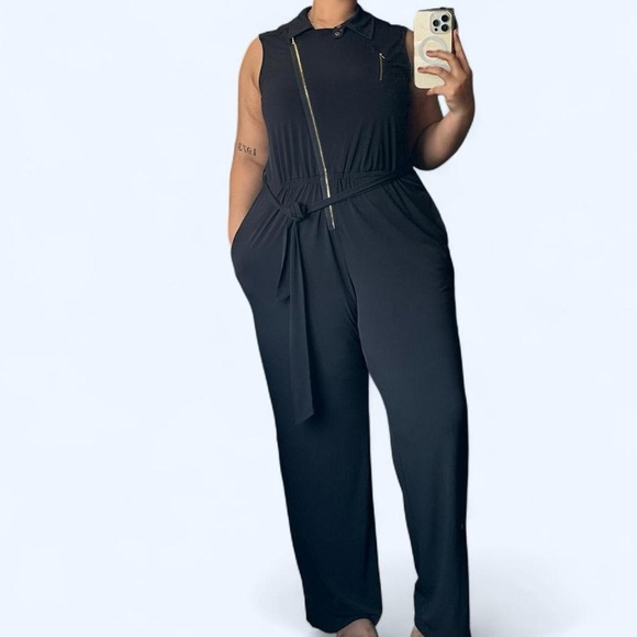 Calvin Klein Black Zip-Front Sleeveless Jumpsuit with Gold Zipper Large - Picture 1 of 10